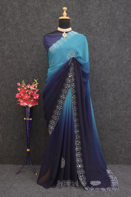 agb tex Temple Border, Self Design Bollywood Georgette Saree(Dark Blue)