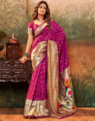 Samah Woven, Self Design Paithani Pure Silk, Silk Blend Saree(Magenta, Gold)