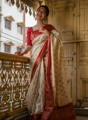 Anjaneya Sarees Woven Kanjivaram Silk Blend Saree(Beige)