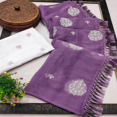 Peachmode Embroidered Bollywood Chiffon Saree(Purple, White)