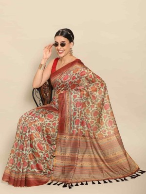 Divastri Floral Print Chanderi Cotton Blend Saree(Green)