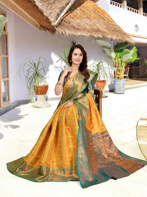 Aksh Fashion Woven Banarasi Silk Blend, Jacquard Saree(Yellow)