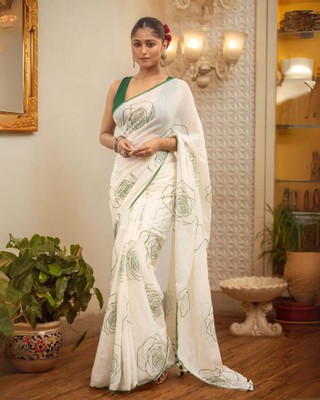 Moda Rapido Floral Print Chanderi Cotton Blend Saree(Green)