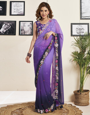 all about you Dyed, Embellished, Embroidered Bollywood Georgette Saree(Dark Blue, Purple)