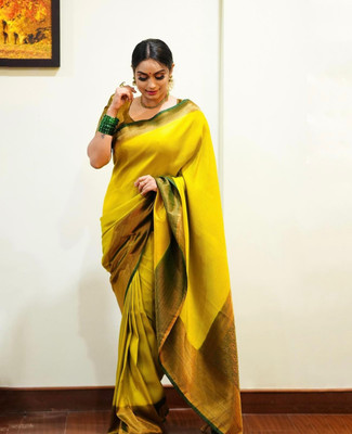 WOMENELEGENCE Embellished Banarasi Pure Silk Saree(Yellow)