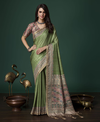 RekhaManiyar Printed Mangalagiri Silk Blend Saree(Light Green)