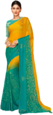 S Kart Self Design Bollywood Chiffon Saree(Green, Yellow)