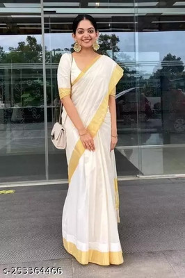 Gitanjali Fashions Solid/Plain Kanjivaram Cotton Blend Saree(White)