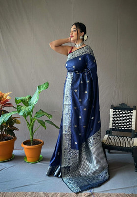 Gold Art Fashion Printed Banarasi Art Silk Saree(Dark Blue)