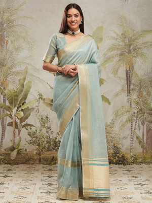 Rachna Solid/Plain Kanjivaram Linen Saree(Blue)