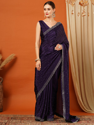 VILLAGIUS Embellished, Self Design, Dyed Bollywood Silk Blend Saree(Purple)