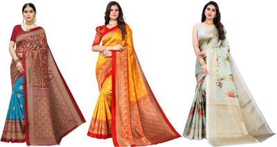 YASHIKA Printed Kasavu Art Silk Saree(Pack of 3, Blue, Red, Yellow, Light Blue)