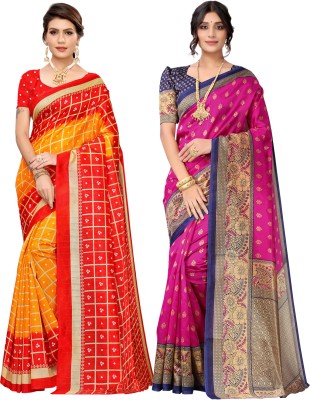 SIRIL Printed, Geometric Print Madhubani Cotton Silk, Silk Blend Saree(Pack of 2, Multicolor)