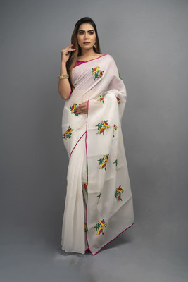 DHRUV CREATION Embroidered Chanderi Chanderi Saree(White)