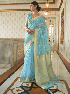 Sareemall Woven Banarasi Silk Blend Saree(Blue)