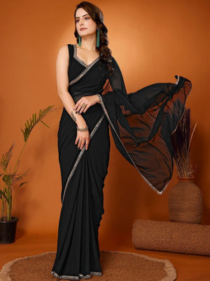 SHIVGANN Solid/Plain Bollywood Chiffon Saree(Black)