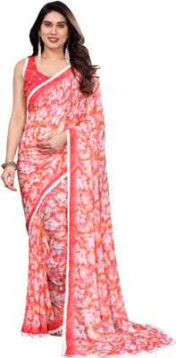 THE URBAN DIVA Printed Bollywood Georgette Saree(Red, White)