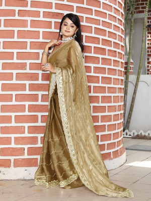 Divastri Striped, Embroidered Bollywood Tissue Saree(Beige)