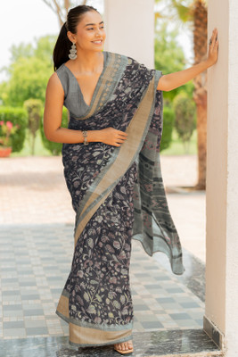 MIRCHI FASHION Floral Print Bollywood Cotton Blend Saree(Black, Grey, Multicolor)