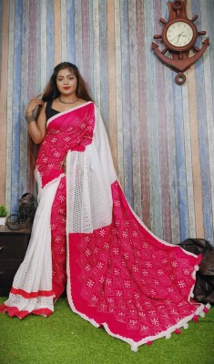 sdn Printed Jamdani Cotton Silk Saree(White, Pink)