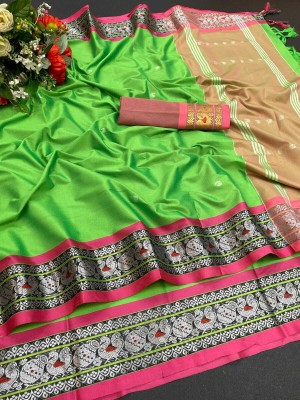 Upalksh Woven Paithani Cotton Silk, Jacquard Saree(Light Green)