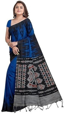 SAPTAK FASHION Solid/Plain, Printed Sambalpuri Handloom Pure Cotton Saree(Blue, Black)