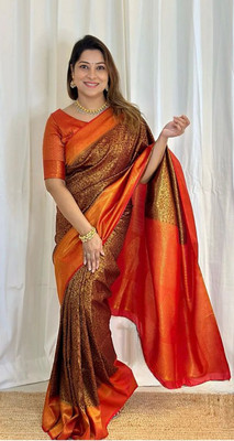 ESOMIC Striped Banarasi Pure Silk Saree(Brown)