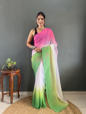 PANZORA Solid/Plain, Dyed Bollywood Georgette Saree(Pink, White, Green)
