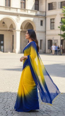 KEE Color Block Bollywood Georgette Saree(Yellow, Blue)