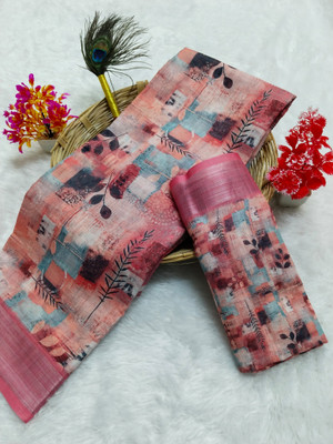 HouseOfCommon Printed, Woven Bollywood Pure Cotton, Cotton Linen Saree(Pink, Multicolor)