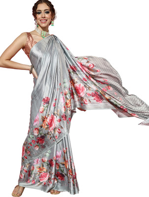 Akhilam Digital Print Bollywood Crepe Saree(Grey)