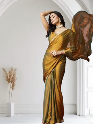 RRGLOBALTRENDS Solid/Plain Bollywood Chiffon Saree(Pack of 2, Gold)