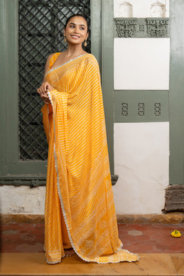 MIRCHI FASHION Printed, Striped Leheria Chiffon, Georgette Saree(Yellow, Cream)