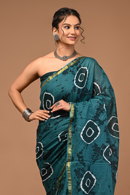 LOVWEAR Printed Ikkat Pure Cotton Saree(Green)