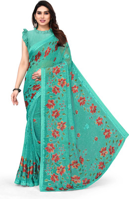 Madhur milan Printed, Geometric Print, Floral Print Kalamkari Brasso, Georgette Saree(Green)