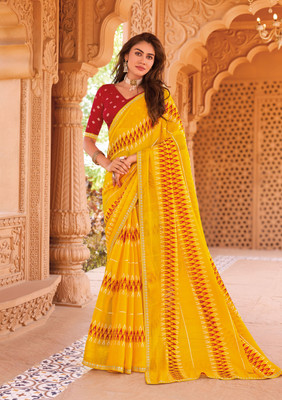Laxmipati Sarees Printed Saree with Attached Blouse Chiffon Saree(Yellow)
