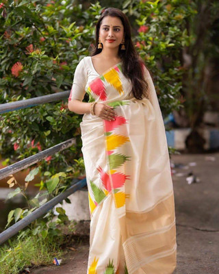 AMRUTKALA SAREES Woven Banarasi Silk Blend Saree(White)