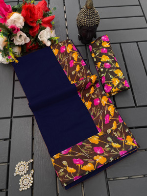manish Solid/Plain Bollywood Cotton Blend Saree(Dark Blue)