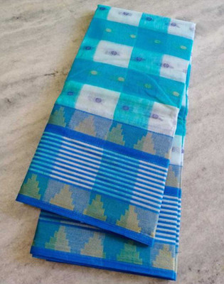sourav biswas Checkered Tant Pure Cotton Saree(Light Blue, White)
