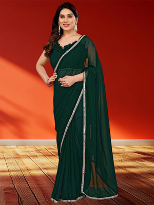 Sonika Solid/Plain Bollywood Georgette Saree(Dark Green)