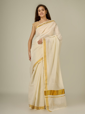 vasthralaya Solid/Plain Kasavu Cotton Blend Saree(Cream, Gold)