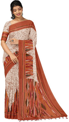 Joyguru Textile Printed Hand Batik Cotton Blend Saree(White)