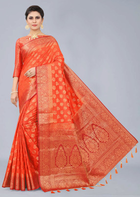 INDI FASHION Self Design Kanjivaram Cotton Silk Saree(Orange)