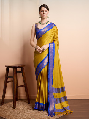 SGF11 Self Design Handloom Silk Blend Saree(Yellow, Blue)