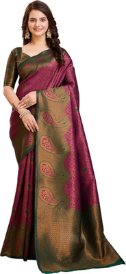 The Style Sanctuary Paisley, Woven Banarasi Silk Blend Saree(Magenta, Black)