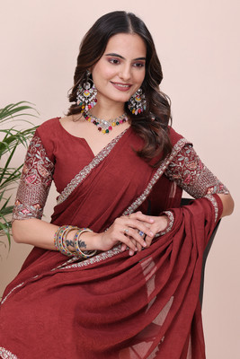 K 5 FASHION Self Design, Embroidered Bollywood Chiffon Saree(Maroon)