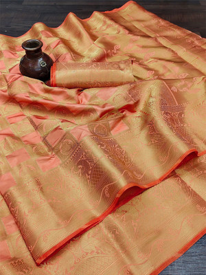 Divastri Printed Banarasi Cotton Silk Saree(Orange)