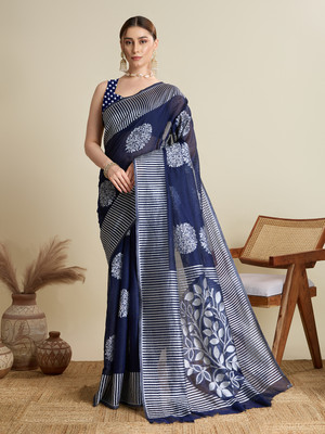Yogik Creation Floral Print Banarasi Art Silk Saree(Blue)