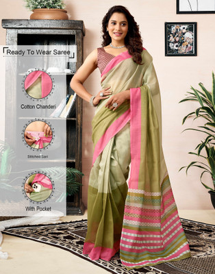 Samah Geometric Print, Printed Daily Wear Cotton Blend, Chanderi Saree(Green, Pink)