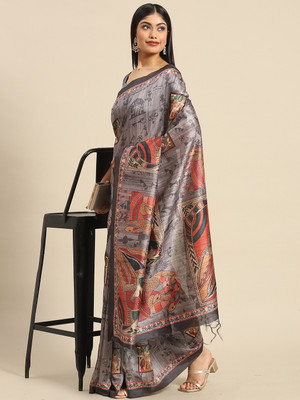 Divastri Printed Baluchari Art Silk Saree(Grey)
